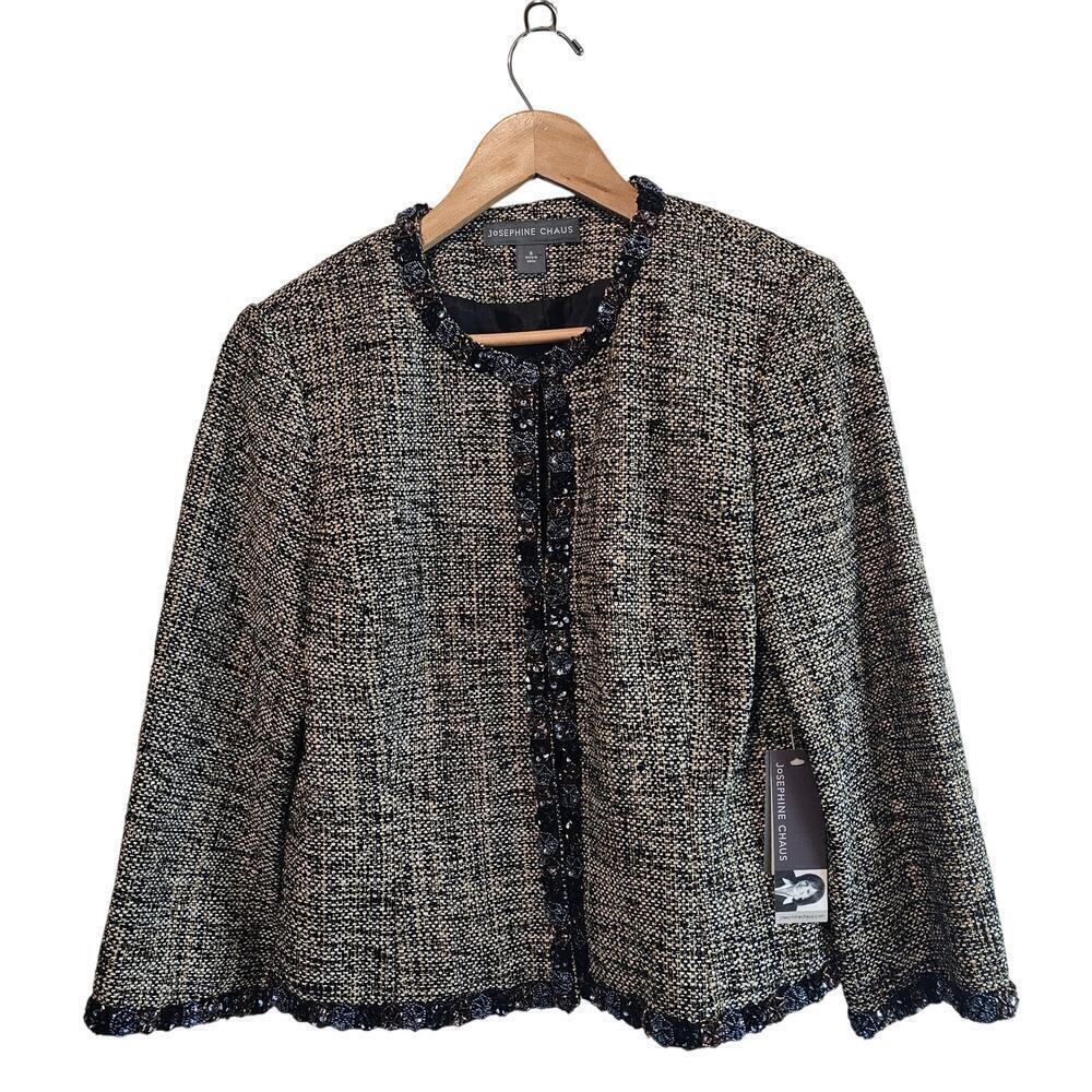Vtg Josephine Chaus Tweed Blazer Women Sz 6 Brown Silk Beaded Career Academia